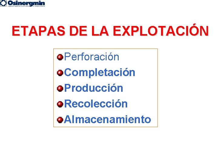 ETAPAS DE LA EXPLOTACIÓN Perforación Completación Producción Recolección Almacenamiento 