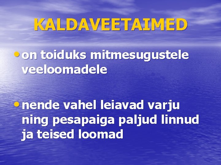KALDAVEETAIMED • on toiduks mitmesugustele veeloomadele • nende vahel leiavad varju ning pesapaiga paljud