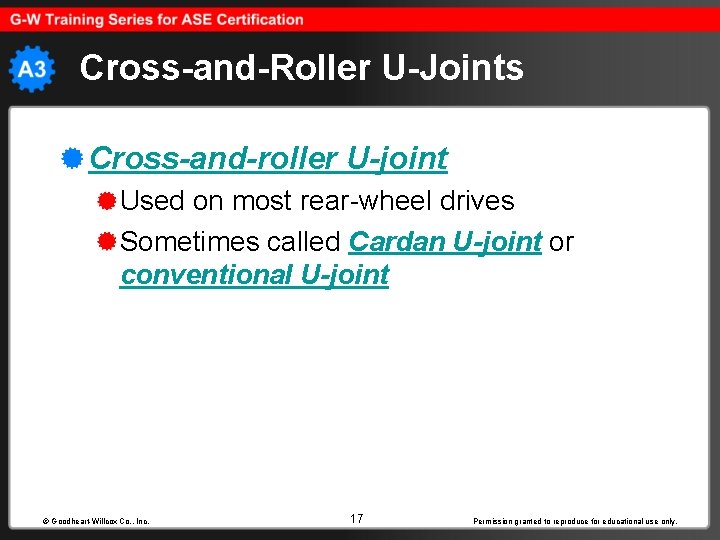 Cross-and-Roller U-Joints Cross-and-roller U-joint Used on most rear-wheel drives Sometimes called Cardan U-joint or