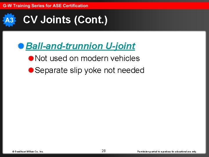 CV Joints (Cont. ) Ball-and-trunnion U-joint Not used on modern vehicles Separate slip yoke
