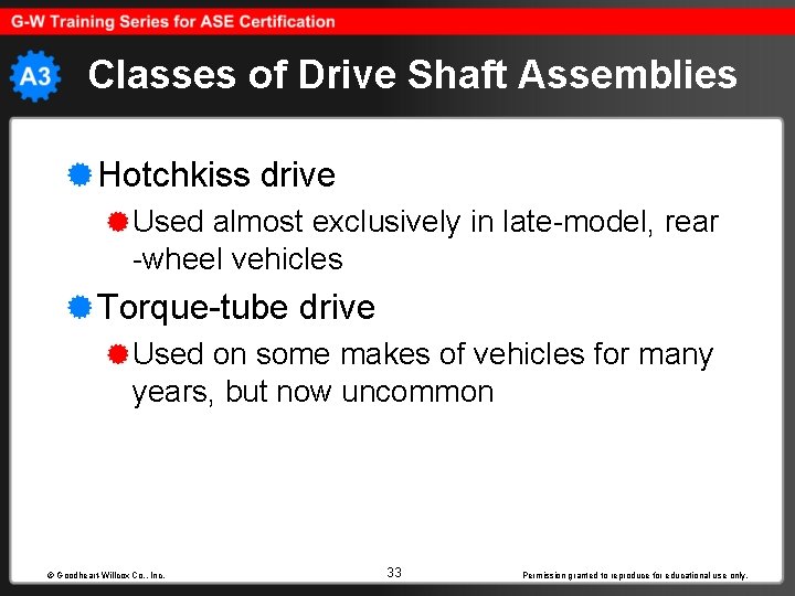 Classes of Drive Shaft Assemblies Hotchkiss drive Used almost exclusively in late-model, rear -wheel