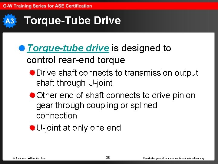 Torque-Tube Drive Torque-tube drive is designed to control rear-end torque Drive shaft connects to