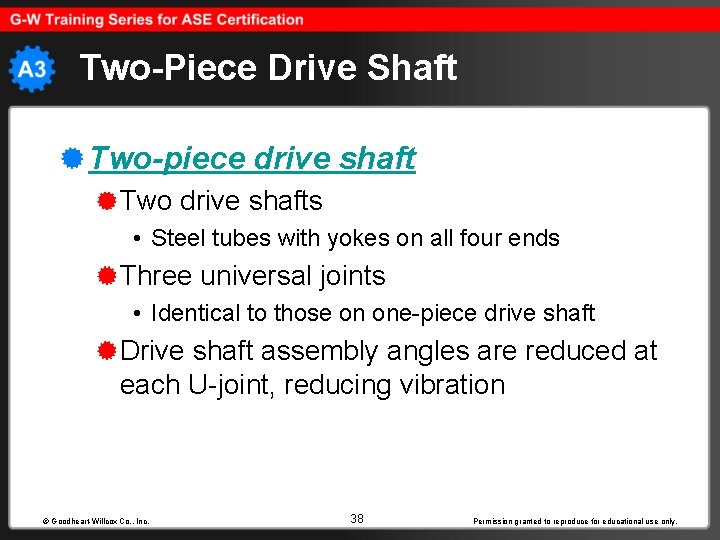 Two-Piece Drive Shaft Two-piece drive shaft Two drive shafts • Steel tubes with yokes