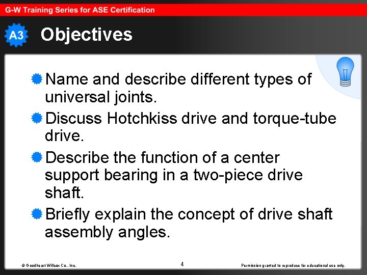 Objectives Name and describe different types of universal joints. Discuss Hotchkiss drive and torque-tube