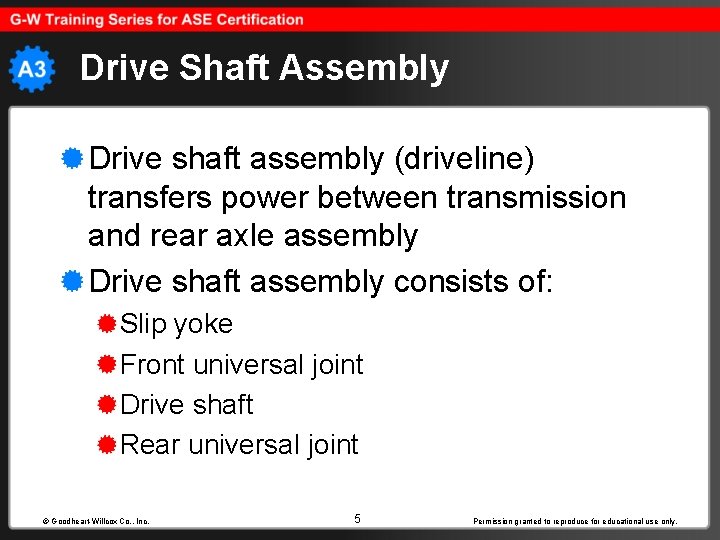 Drive Shaft Assembly Drive shaft assembly (driveline) transfers power between transmission and rear axle