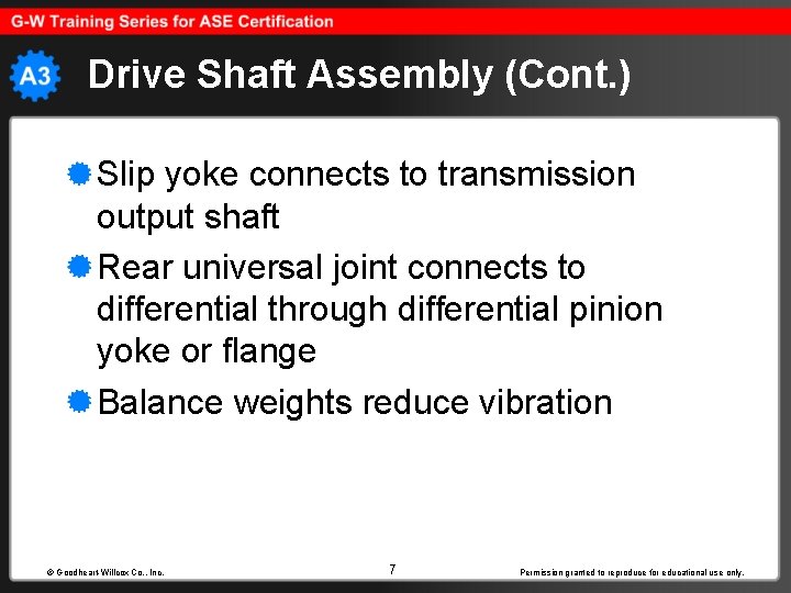 Drive Shaft Assembly (Cont. ) Slip yoke connects to transmission output shaft Rear universal