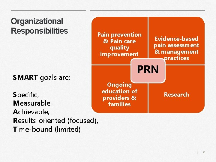 Organizational Responsibilities Pain prevention & Pain care quality improvement SMART goals are: Specific, Measurable,