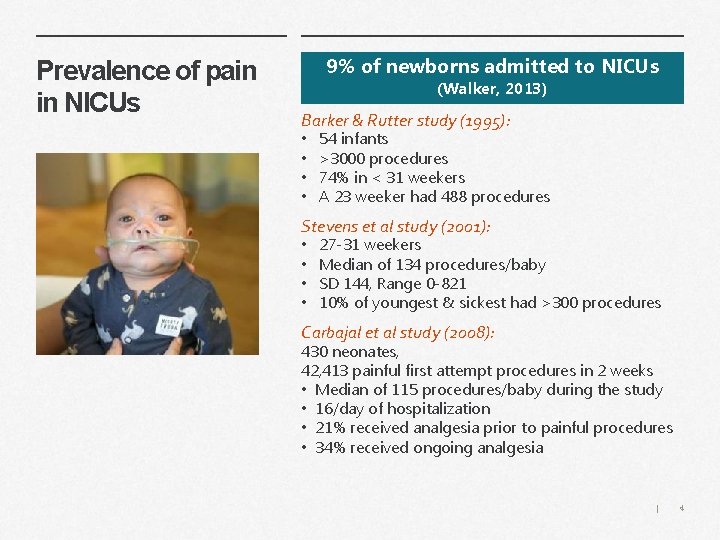 Prevalence of pain in NICUs 9% of newborns admitted to NICUs (Walker, 2013) Barker