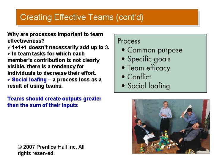 Creating Effective Teams (cont’d) Why are processes important to team effectiveness? ü 1+1+1 doesn’t