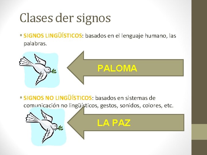 Clases der signos § SIGNOS LINGÜÍSTICOS: basados en el lenguaje humano, las palabras. PALOMA