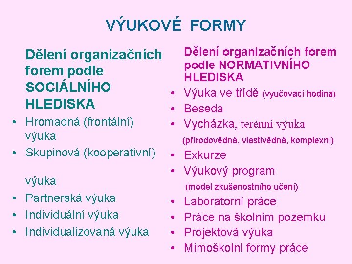 VÝUKOVÉ FORMY Dělení organizačních forem Dělení organizačních podle NORMATIVNÍHO forem podle HLEDISKA SOCIÁLNÍHO •