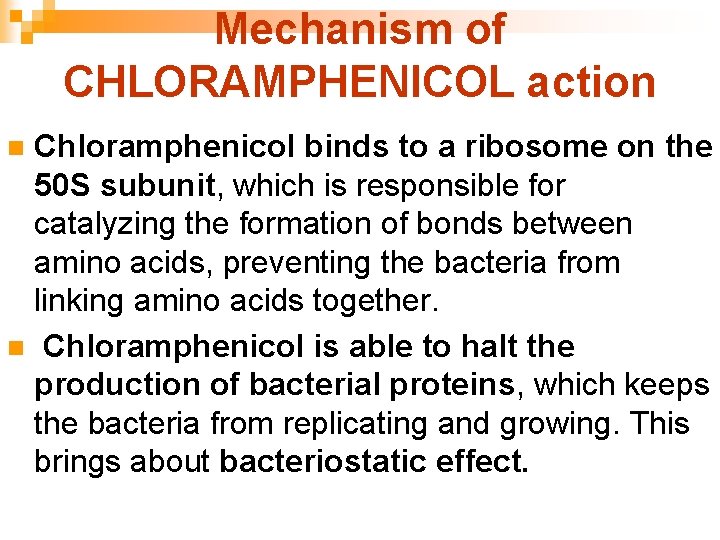 Mechanism of CHLORAMPHENICOL action Chloramphenicol binds to a ribosome on the 50 S subunit,