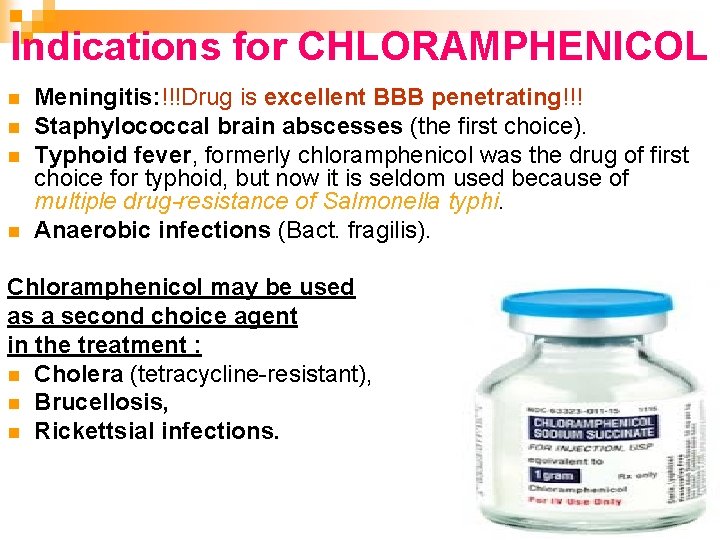 Indications for CHLORAMPHENICOL n n Meningitis: !!!Drug is excellent BBB penetrating!!! Staphylococcal brain abscesses