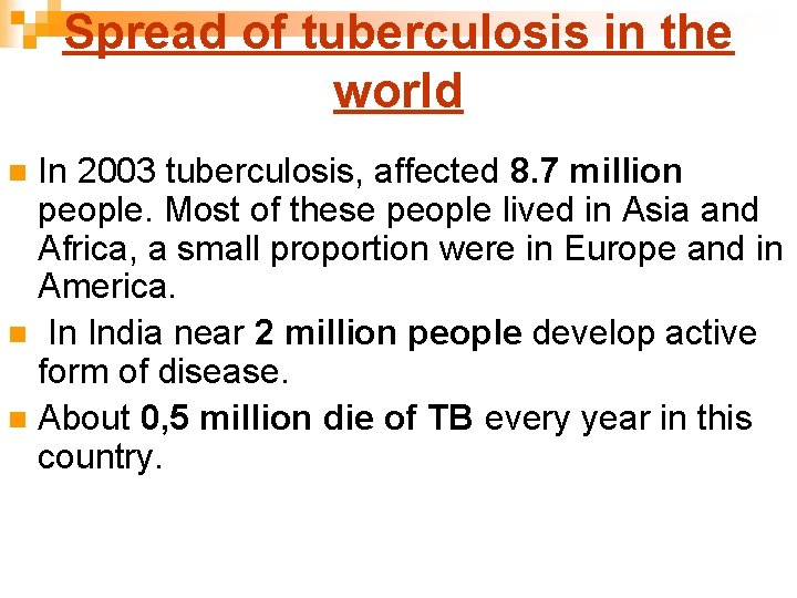 Spread of tuberculosis in the world In 2003 tuberculosis, affected 8. 7 million people.