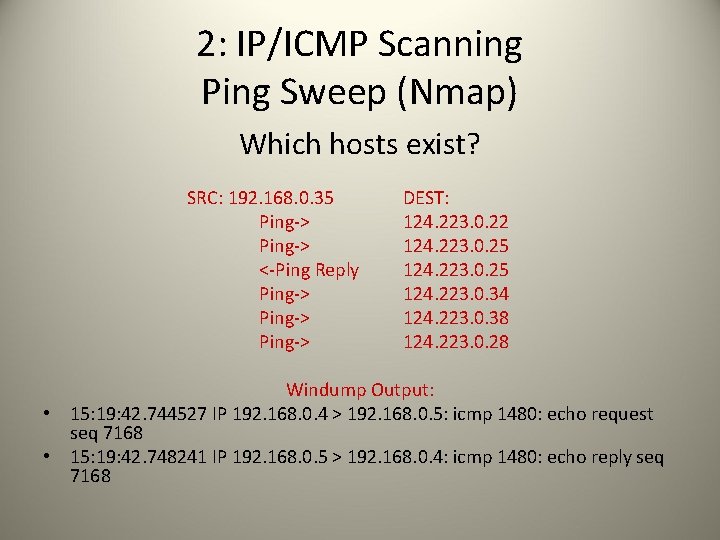 2: IP/ICMP Scanning Ping Sweep (Nmap) Which hosts exist? SRC: 192. 168. 0. 35