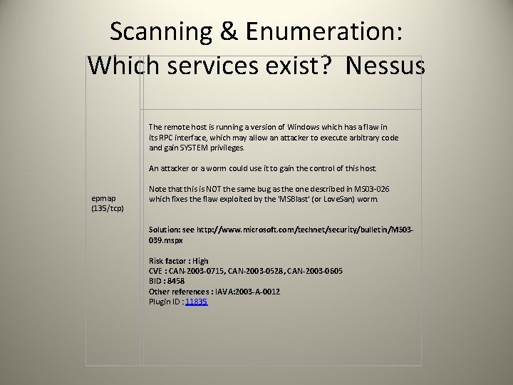  Scanning & Enumeration: Which services exist? Nessus The remote host is running a