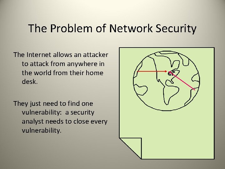 The Problem of Network Security The Internet allows an attacker to attack from anywhere