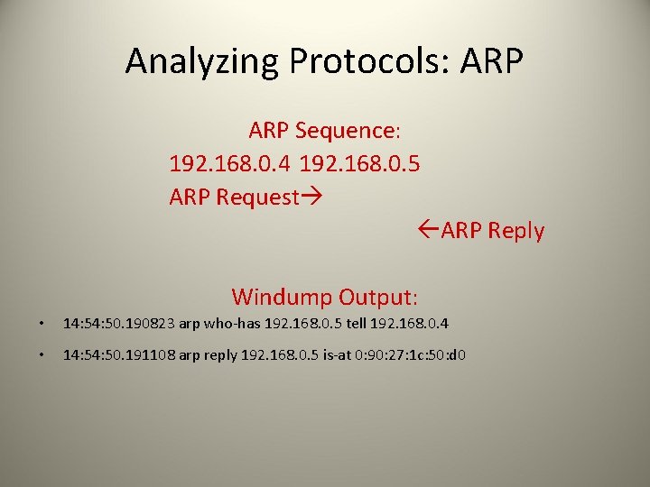 Analyzing Protocols: ARP Sequence: 192. 168. 0. 4 192. 168. 0. 5 ARP Request