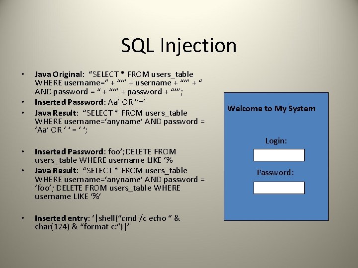 SQL Injection • • • Java Original: “SELECT * FROM users_table WHERE username=” +