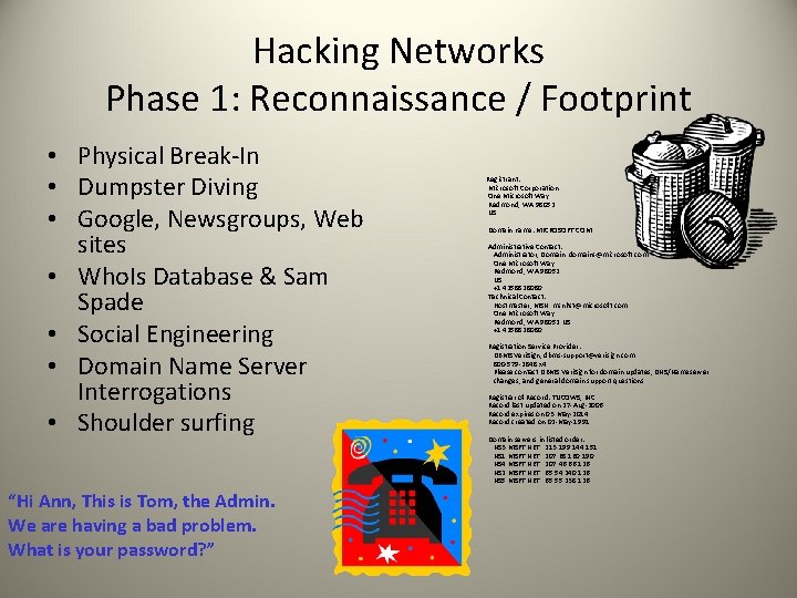 Hacking Networks Phase 1: Reconnaissance / Footprint • Physical Break-In • Dumpster Diving •