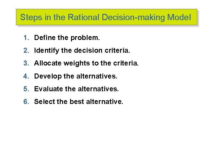 Steps in the Rational Decision-making Model 1. Define the problem. 2. Identify the decision