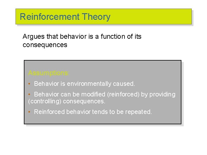 Reinforcement Theory Argues that behavior is a function of its consequences Assumptions: • Behavior