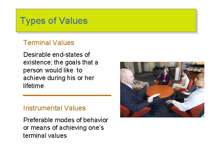 Types of Values Terminal Values Desirable end-states of existence; the goals that a person