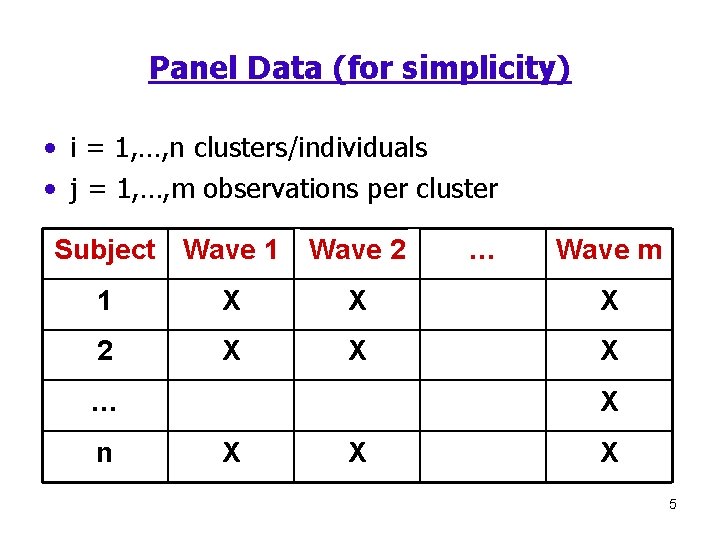 Panel Data (for simplicity) • i = 1, …, n clusters/individuals • j =