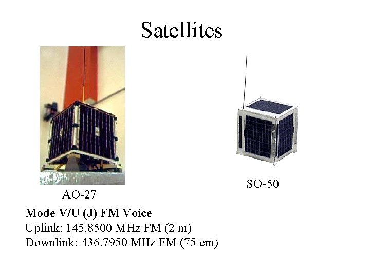 Satellites AO-27 Mode V/U (J) FM Voice Uplink: 145. 8500 MHz FM (2 m)