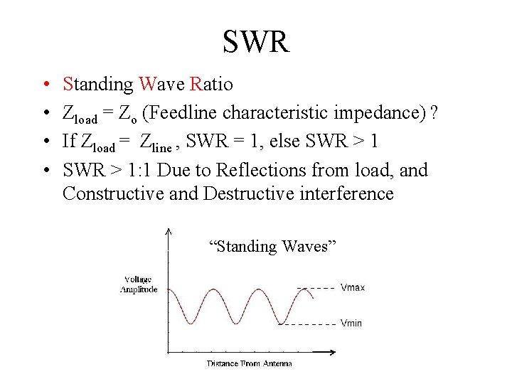 SWR • • Standing Wave Ratio Zload = Zo (Feedline characteristic impedance) ? If SWR • • Standing Wave Ratio Zload = Zo (Feedline characteristic impedance) ? If