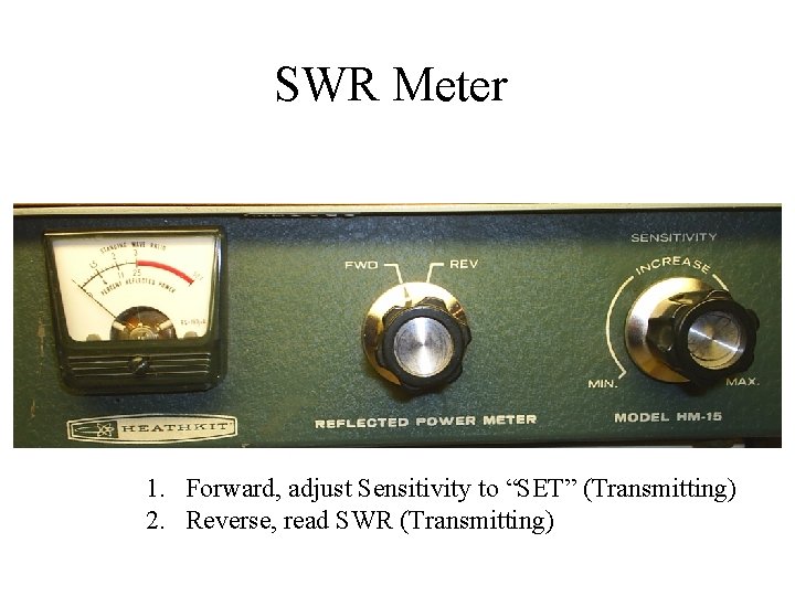 SWR Meter 1. Forward, adjust Sensitivity to “SET” (Transmitting) 2. Reverse, read SWR (Transmitting)