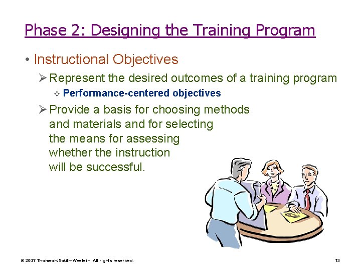 Phase 2: Designing the Training Program • Instructional Objectives Ø Represent the desired outcomes Phase 2: Designing the Training Program • Instructional Objectives Ø Represent the desired outcomes