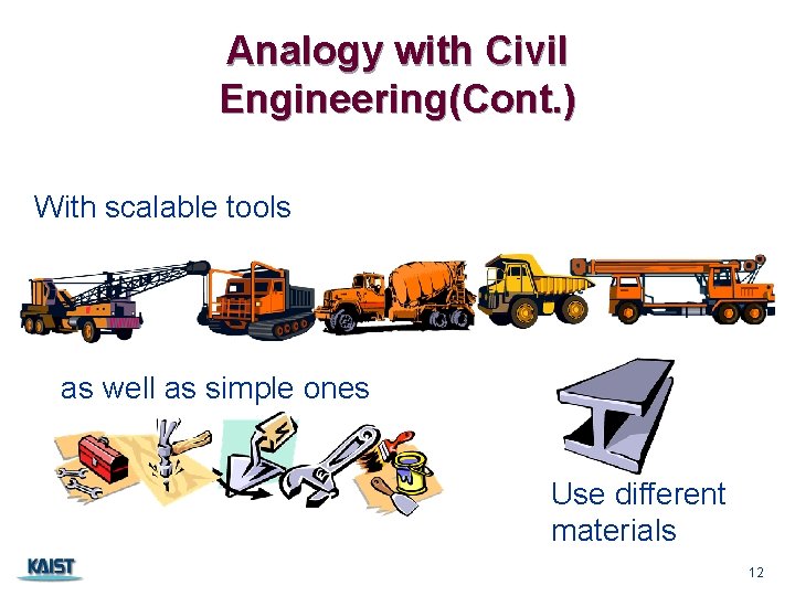 Analogy with Civil Engineering(Cont. ) With scalable tools as well as simple ones Use