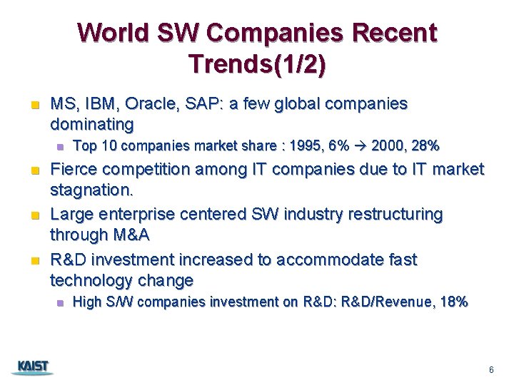 World SW Companies Recent Trends(1/2) n MS, IBM, Oracle, SAP: a few global companies