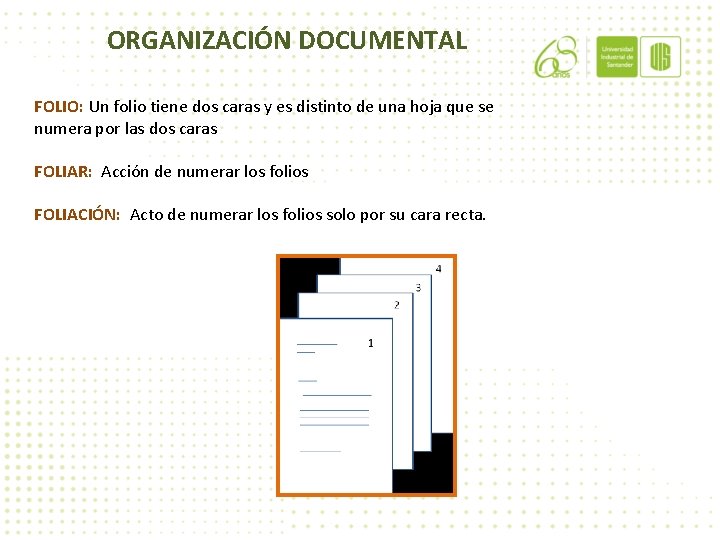ORGANIZACIÓN DOCUMENTAL FOLIO: Un folio tiene dos caras y es distinto de una hoja