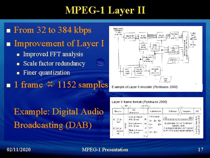 MPEG-1 Layer II n n From 32 to 384 kbps Improvement of Layer I