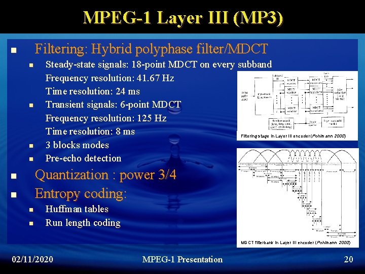 MPEG-1 Layer III (MP 3) Filtering: Hybrid polyphase filter/MDCT n n n Steady-state signals: