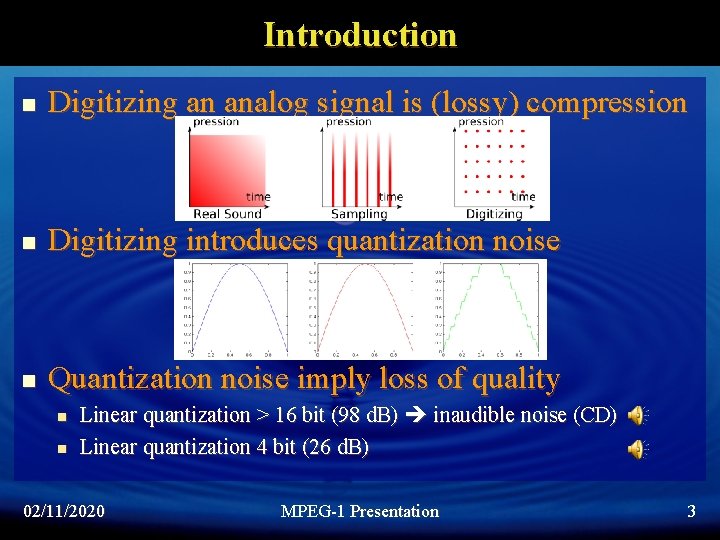 Introduction n Digitizing an analog signal is (lossy) compression n Digitizing introduces quantization noise