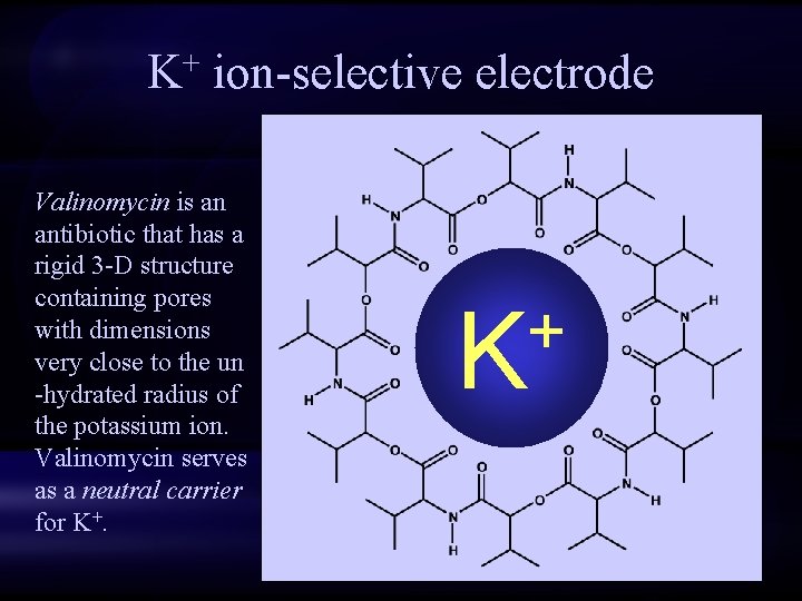 K+ ion-selective electrode Valinomycin is an antibiotic that has a rigid 3 -D structure