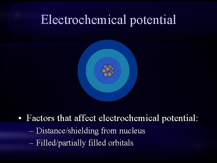 Electrochemical potential • Factors that affect electrochemical potential: – Distance/shielding from nucleus – Filled/partially