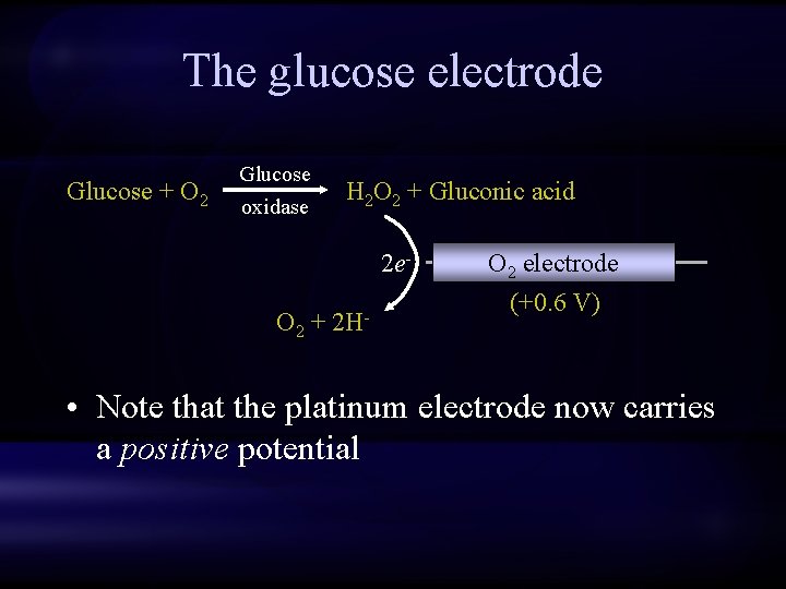 The glucose electrode Glucose + O 2 Glucose oxidase H 2 O 2 +