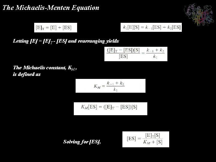 The Michaelis-Menten Equation Letting [E] = [E]T - [ES] and rearranging yields The Michaelis