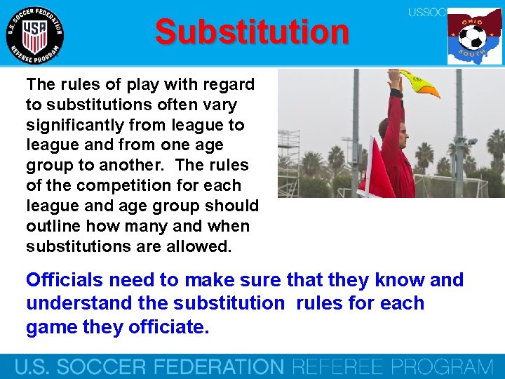 Substitution The rules of play with regard to substitutions often vary significantly from league