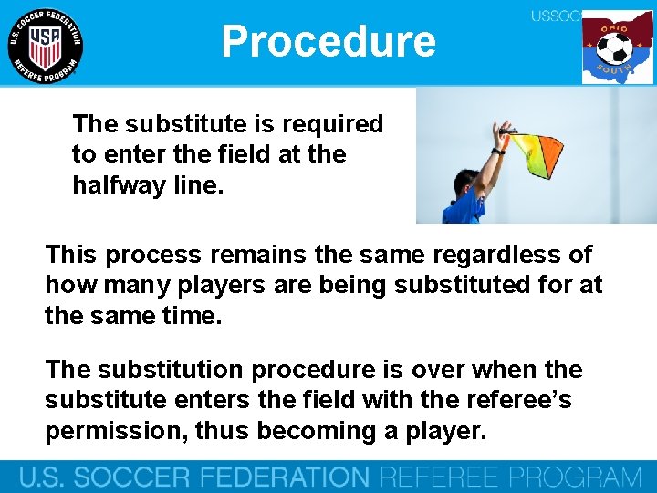 Procedure The substitute is required to enter the field at the halfway line. This