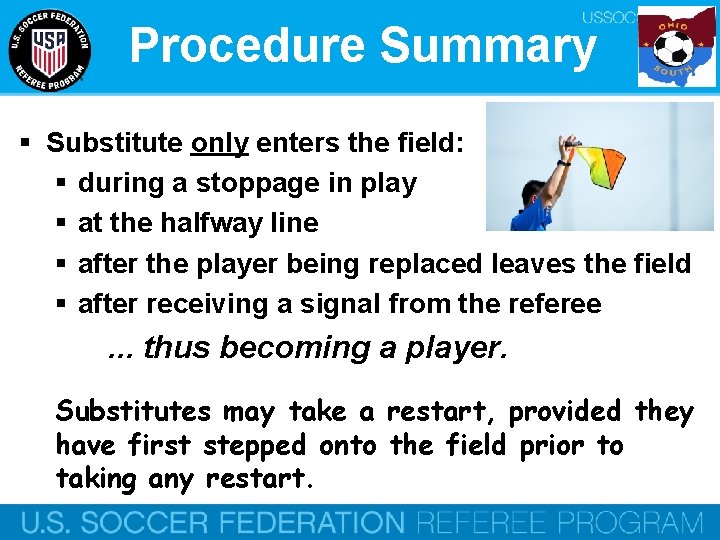 Procedure Summary § Substitute only enters the field: § during a stoppage in play