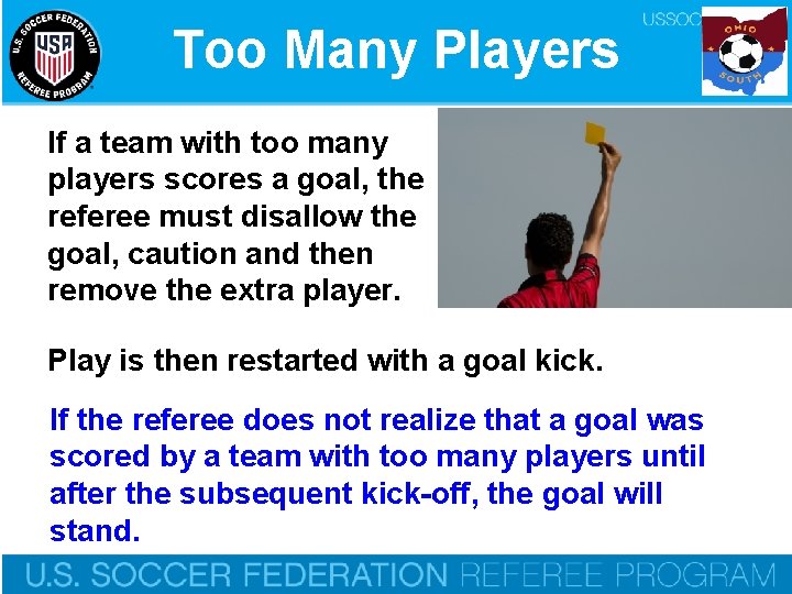 Too Many Players If a team with too many players scores a goal, the