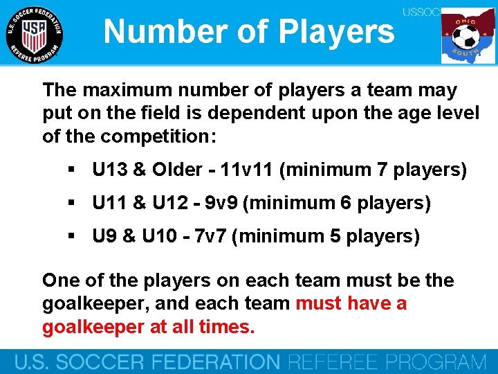 Number of Players The maximum number of players a team may put on the