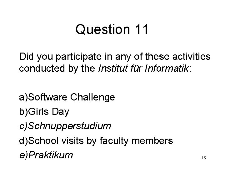 Question 11 Did you participate in any of these activities conducted by the Institut