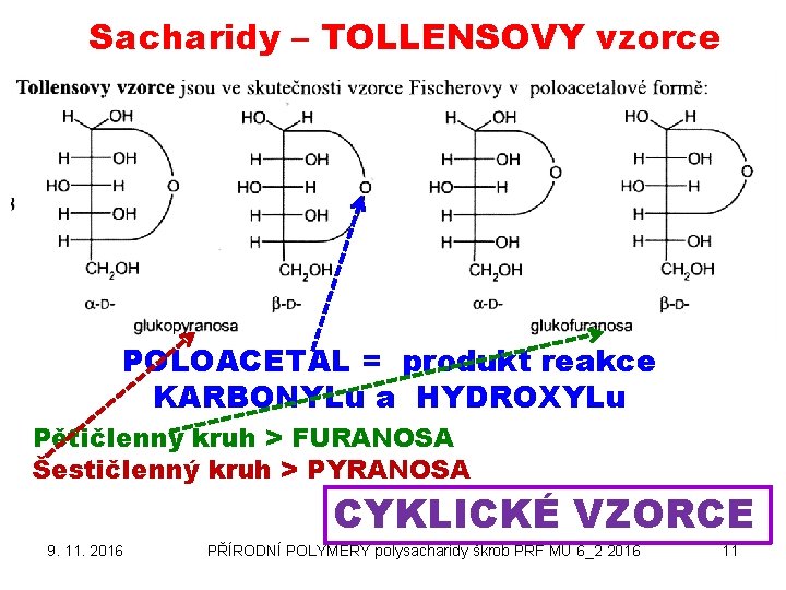 Sacharidy – TOLLENSOVY vzorce POLOACETAL = produkt reakce KARBONYLu a HYDROXYLu Pětičlenný kruh >