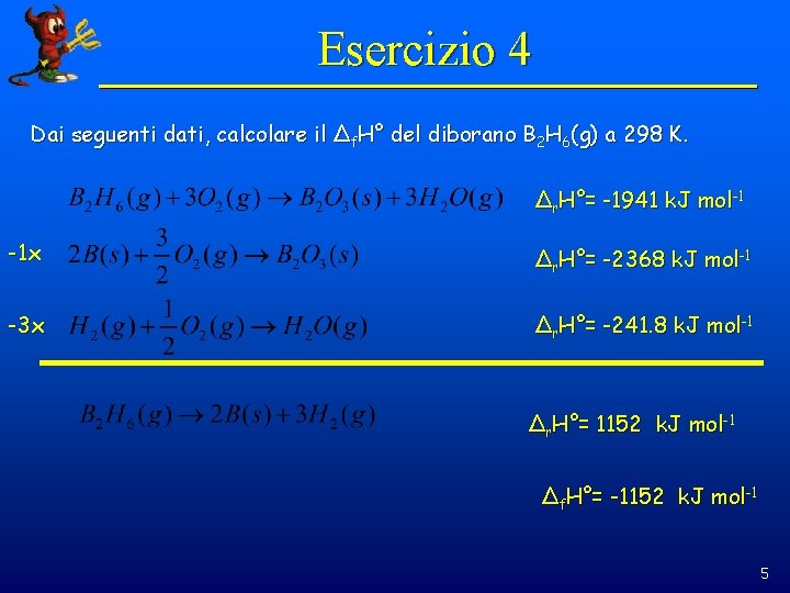 Esercizio 4 Dai seguenti dati, calcolare il Δf. H° del diborano B 2 H
